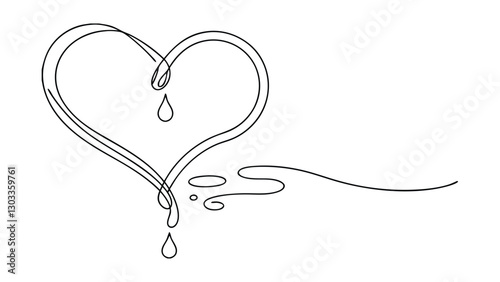 A minimalist line drawing depicts a heart with tears falling, symbolizing heartbreak or emotional pain. The singleline style creates a continuous, flowing form.