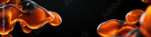 Dark background with abstract shapes suspended in space. Glossy, vibrant orange textures resembling thick, translucent honey or resin. Modern aesthetic. Horizontal banner with copy space.