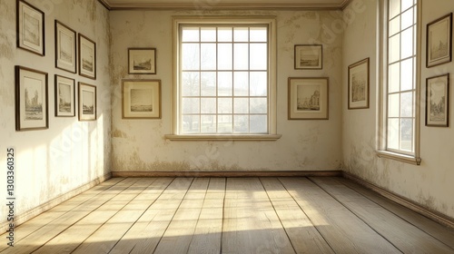 Sunlit empty room with antique frames and wood floor.