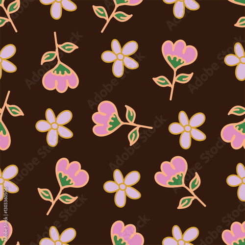 Elegance pink floral stems seamless pattern on a grey background. Vector hand drawn. Artistic, abstract flowers and tiny leaves, buds bells printing. Template for designs, fabric, fashion, textile
