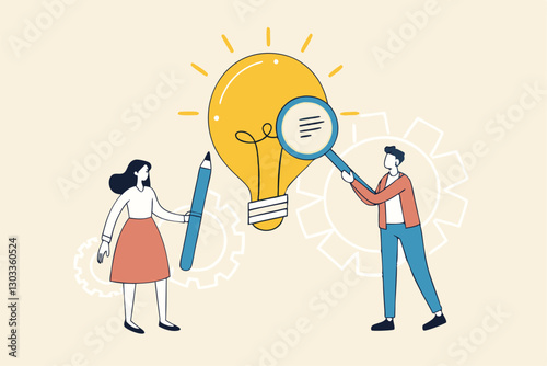 Business viability checking, feasibility study by market research to see possibility to success in real world, evaluate profitable of business idea, businessman with magnifier analyze lightbulb idea.