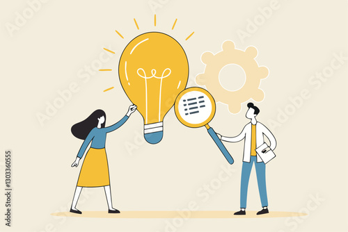 Business viability checking, feasibility study by market research to see possibility to success in real world, evaluate profitable of business idea, businessman with magnifier analyze lightbulb idea.