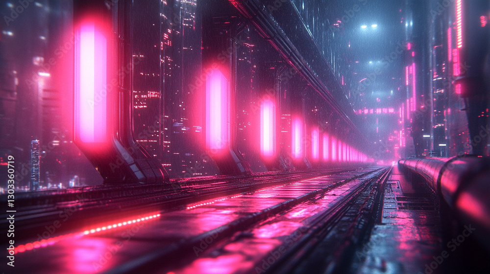 Fototapeta premium A futuristic 3D-rendered mockup featuring cyber platforms and cables illuminated by glowing neon lights. A space-themed illustration with a modern, high-tech aesthetic, evoking innovation and progress