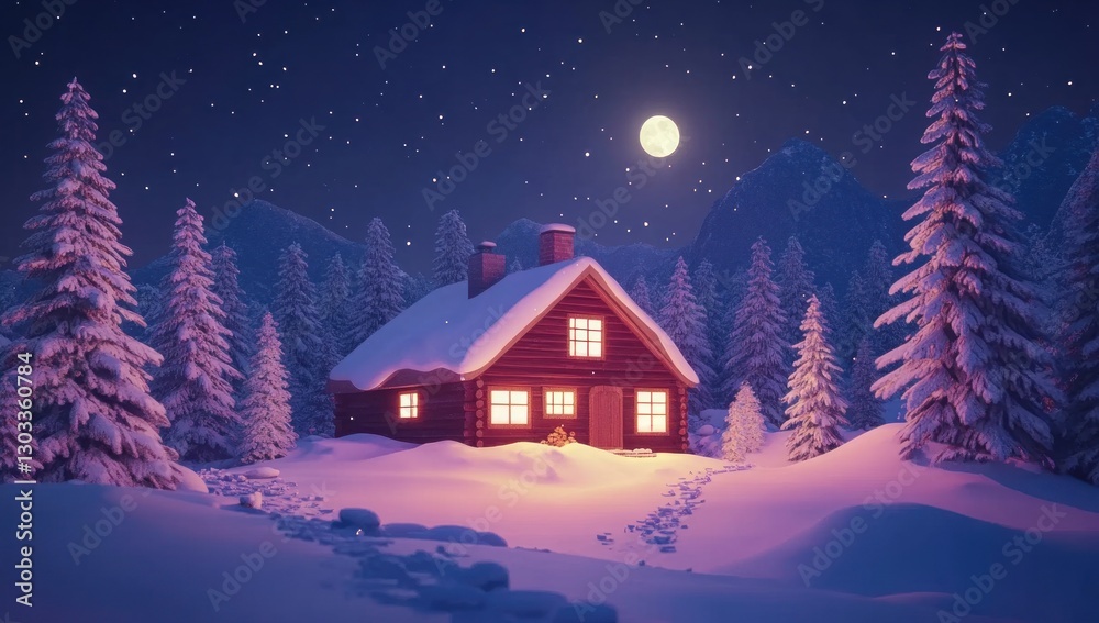 Fototapeta premium Snowy mountain cabin at night, illuminated windows, peaceful scene, stock photo