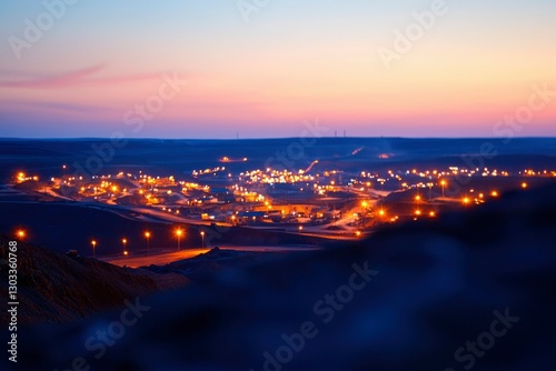 Night view of a town illuminated by lights under twilight sky. Stock photo