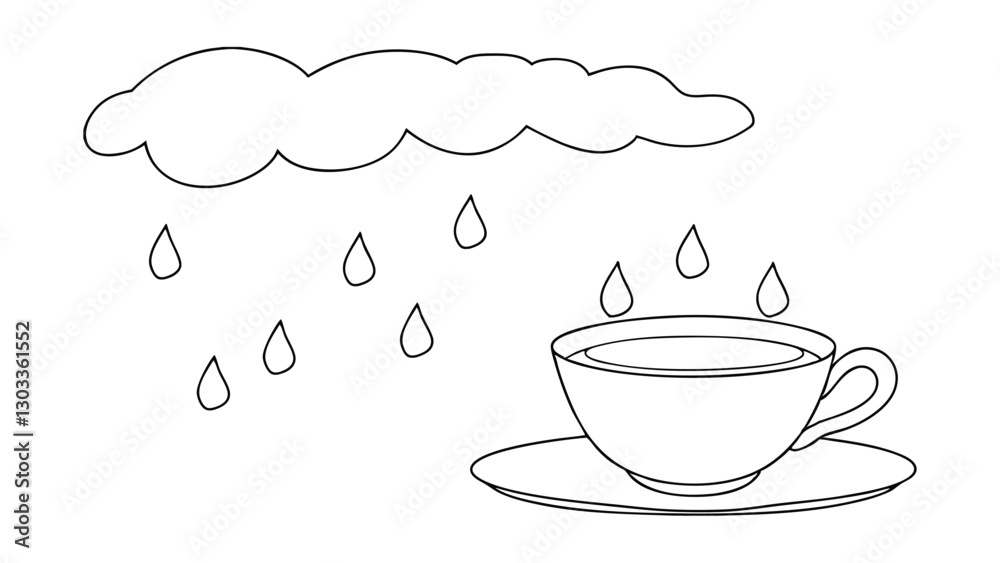 A simple line drawing depicts a rain cloud showering a cup of tea on a saucer. The scene evokes feelings of warmth, comfort, and relaxation on a rainy day. A simple line drawing depicts a rain cloud showering a cup of tea on a saucer. The scene evokes feelings of warmth, comfort, and relaxation on a rainy day.