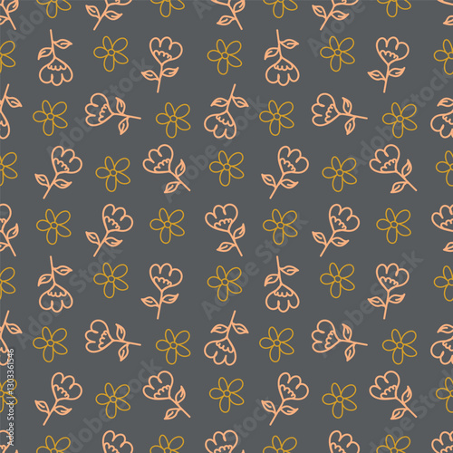 Elegance pink floral stems seamless pattern on a grey background. Vector hand drawn. Artistic, abstract flowers and tiny leaves, buds bells printing. Template for designs, fabric, fashion, textile
