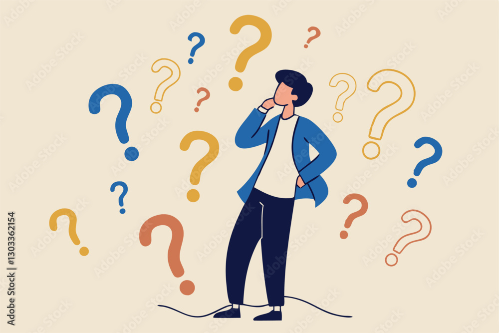Ask questions, FAQ, problem or curiosity, doubt and confusion to be answer, challenge and uncertainty, unknown information or solution concept, contemplation businessman thinking with question marks. Ask questions, FAQ, problem or curiosity, doubt and confusion to be answer, challenge and uncertainty, unknown information or solution concept, contemplation businessman thinking with question marks.