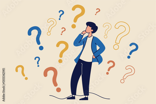 Ask questions, FAQ, problem or curiosity, doubt and confusion to be answer, challenge and uncertainty, unknown information or solution concept, contemplation businessman thinking with question marks.