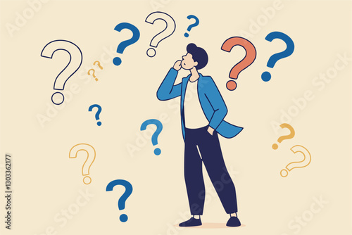 Ask questions, FAQ, problem or curiosity, doubt and confusion to be answer, challenge and uncertainty, unknown information or solution concept, contemplation businessman thinking with question marks.