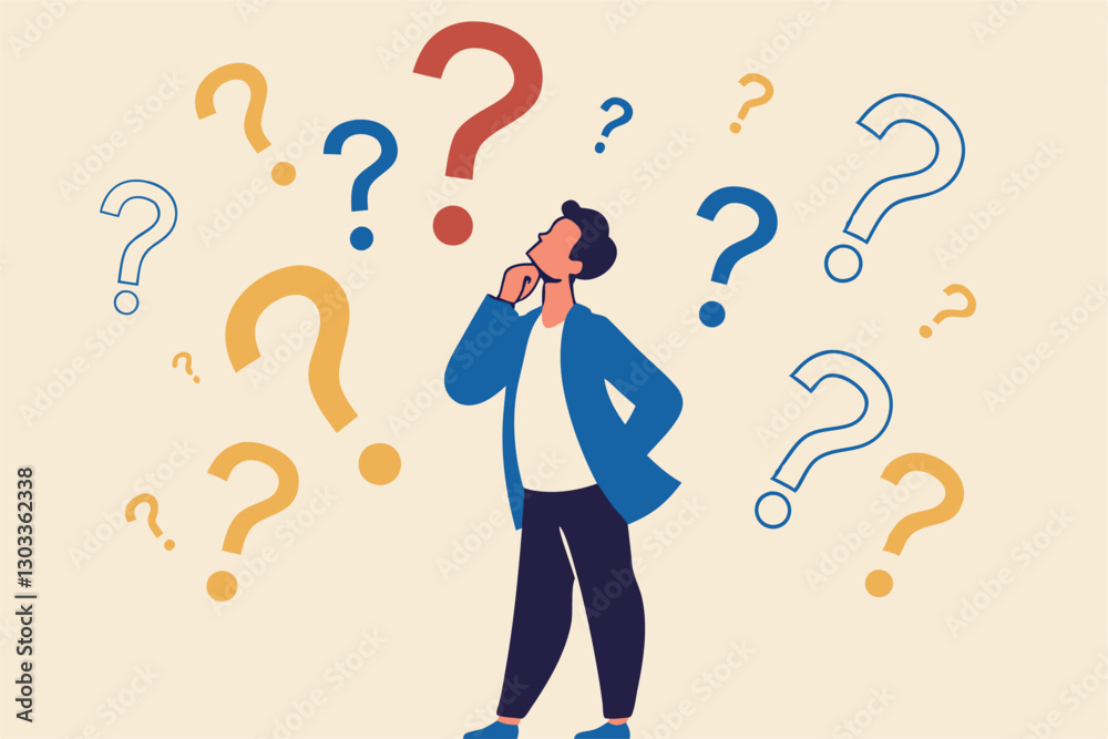Ask questions, FAQ, problem or curiosity, doubt and confusion to be answer, challenge and uncertainty, unknown information or solution concept, contemplation businessman thinking with question marks. Ask questions, FAQ, problem or curiosity, doubt and confusion to be answer, challenge and uncertainty, unknown information or solution concept, contemplation businessman thinking with question marks.