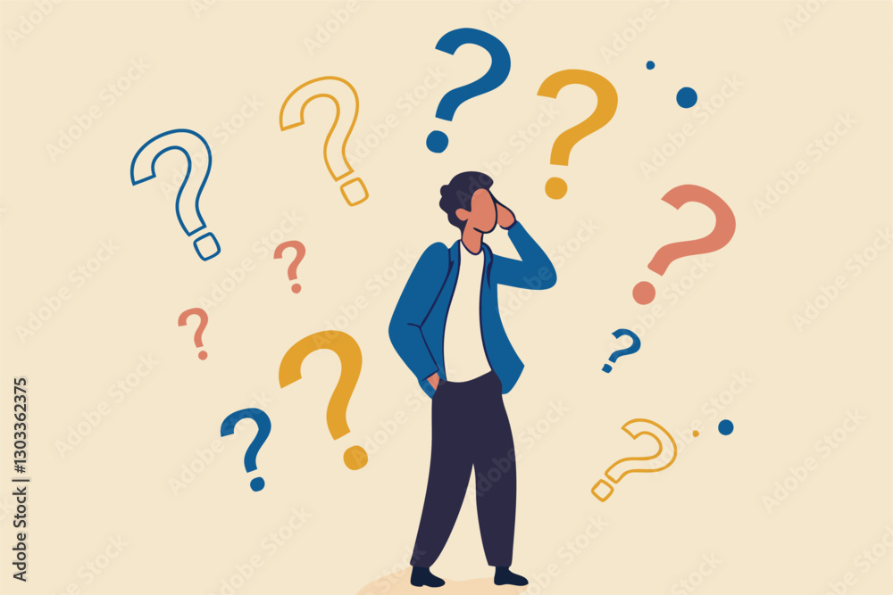 Ask questions, FAQ, problem or curiosity, doubt and confusion to be answer, challenge and uncertainty, unknown information or solution concept, contemplation businessman thinking with question marks. Ask questions, FAQ, problem or curiosity, doubt and confusion to be answer, challenge and uncertainty, unknown information or solution concept, contemplation businessman thinking with question marks.