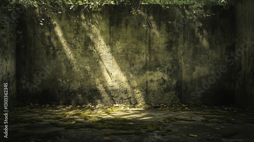 Sunlight streams into abandoned concrete enclosure, mossy floor, lush greenery above
