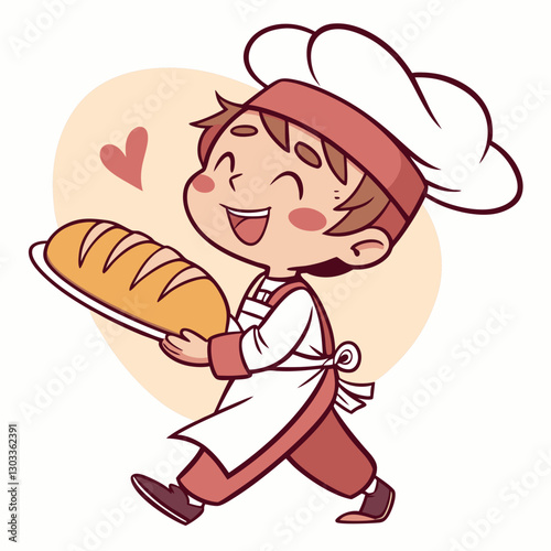 Cute Bakery chef boy holding bread smiling cartoon art illustration. Premium Vector