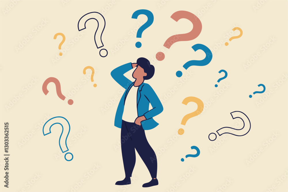 Ask questions, FAQ, problem or curiosity, doubt and confusion to be answer, challenge and uncertainty, unknown information or solution concept, contemplation businessman thinking with question marks. Ask questions, FAQ, problem or curiosity, doubt and confusion to be answer, challenge and uncertainty, unknown information or solution concept, contemplation businessman thinking with question marks.