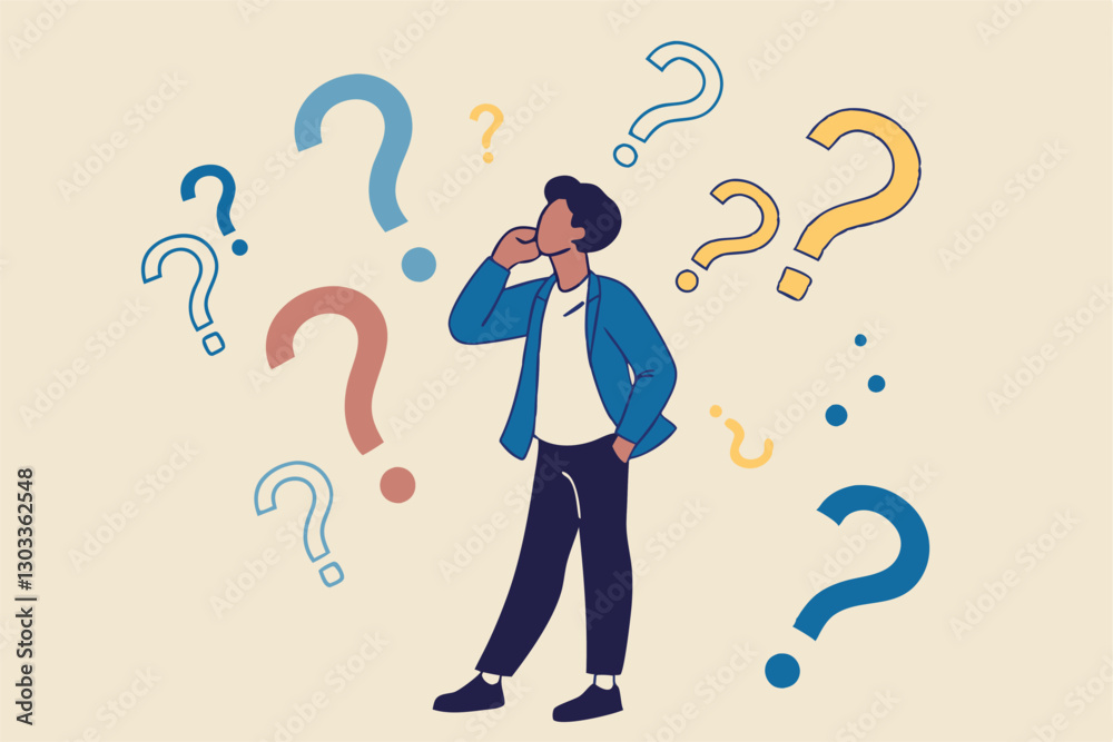 Ask questions, FAQ, problem or curiosity, doubt and confusion to be answer, challenge and uncertainty, unknown information or solution concept, contemplation businessman thinking with question marks. Ask questions, FAQ, problem or curiosity, doubt and confusion to be answer, challenge and uncertainty, unknown information or solution concept, contemplation businessman thinking with question marks.