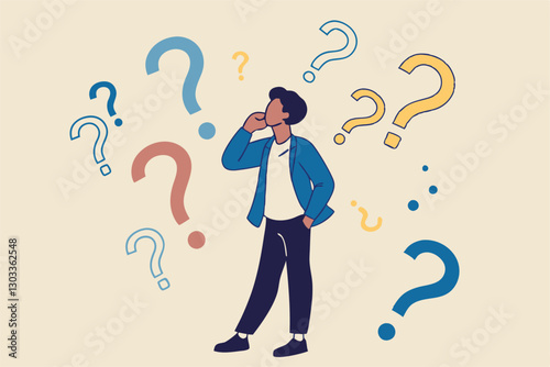Ask questions, FAQ, problem or curiosity, doubt and confusion to be answer, challenge and uncertainty, unknown information or solution concept, contemplation businessman thinking with question marks.