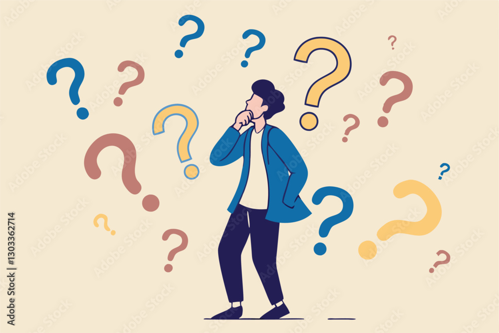 Ask questions, FAQ, problem or curiosity, doubt and confusion to be answer, challenge and uncertainty, unknown information or solution concept, contemplation businessman thinking with question marks. Ask questions, FAQ, problem or curiosity, doubt and confusion to be answer, challenge and uncertainty, unknown information or solution concept, contemplation businessman thinking with question marks.