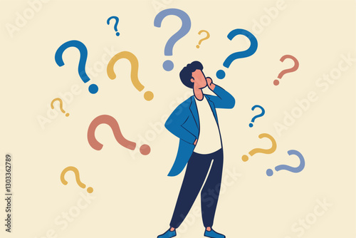 Ask questions, FAQ, problem or curiosity, doubt and confusion to be answer, challenge and uncertainty, unknown information or solution concept, contemplation businessman thinking with question marks.