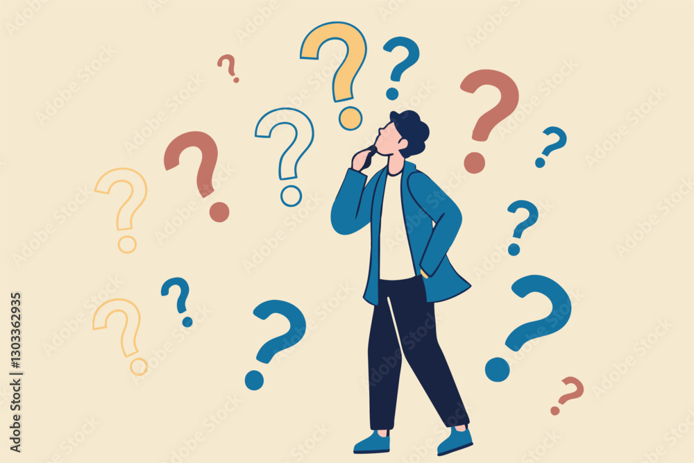 Ask questions, FAQ, problem or curiosity, doubt and confusion to be answer, challenge and uncertainty, unknown information or solution concept, contemplation businessman thinking with question marks. Ask questions, FAQ, problem or curiosity, doubt and confusion to be answer, challenge and uncertainty, unknown information or solution concept, contemplation businessman thinking with question marks.