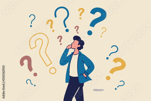 Ask questions, FAQ, problem or curiosity, doubt and confusion to be answer, challenge and uncertainty, unknown information or solution concept, contemplation businessman thinking with question marks.