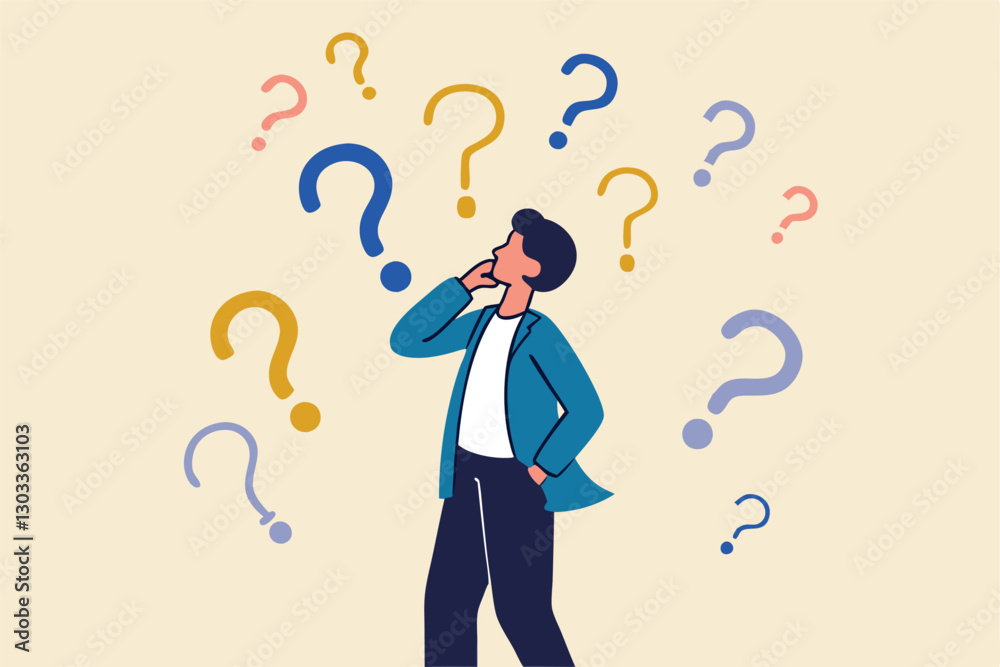 Ask questions, FAQ, problem or curiosity, doubt and confusion to be answer, challenge and uncertainty, unknown information or solution concept, contemplation businessman thinking with question marks. Ask questions, FAQ, problem or curiosity, doubt and confusion to be answer, challenge and uncertainty, unknown information or solution concept, contemplation businessman thinking with question marks.