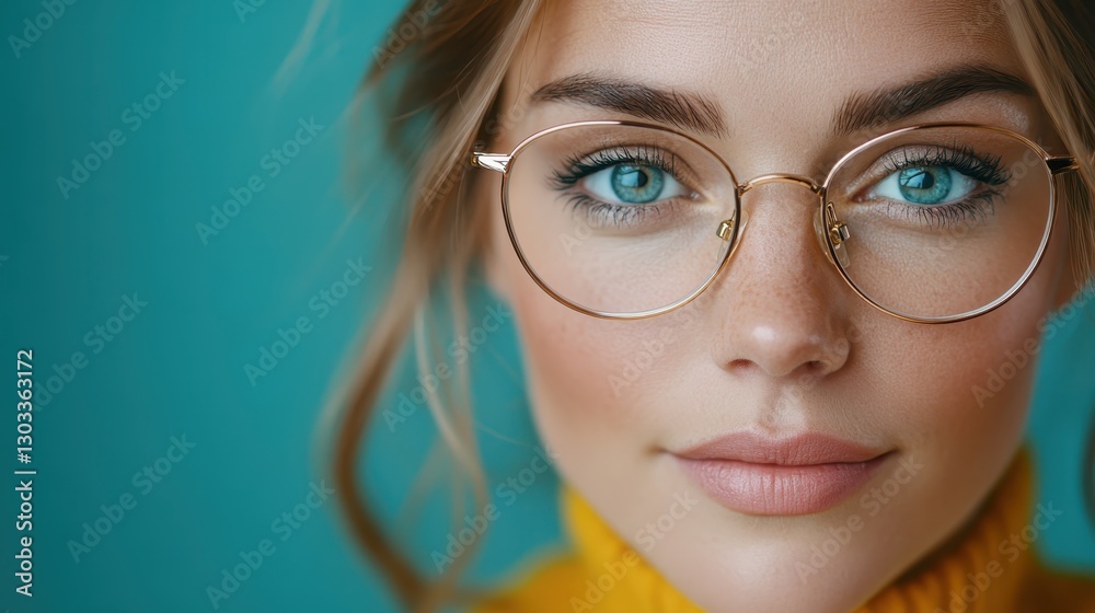 A striking portrait of a young woman in a bright yellow turtleneck and glasses, exuding a vibrant personality, enhanced by the blue backdrop that captures attention. A striking portrait of a young woman in a bright yellow turtleneck and glasses, exuding a vibrant personality, enhanced by the blue backdrop that captures attention.