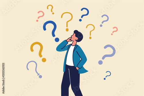 Ask questions, FAQ, problem or curiosity, doubt and confusion to be answer, challenge and uncertainty, unknown information or solution concept, contemplation businessman thinking with question marks.