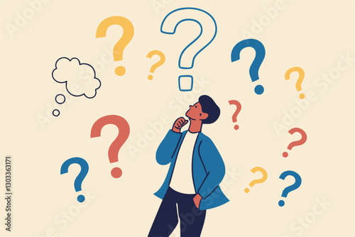 Ask questions, FAQ, problem or curiosity, doubt and confusion to be answer, challenge and uncertainty, unknown information or solution concept, contemplation businessman thinking with question marks.