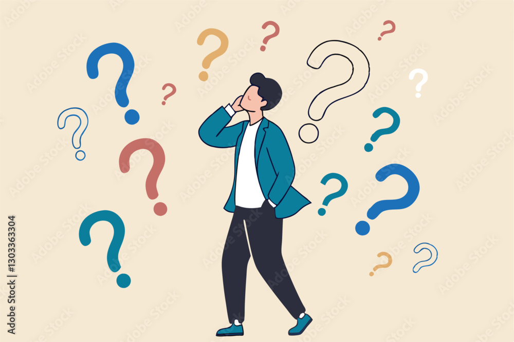 Ask questions, FAQ, problem or curiosity, doubt and confusion to be answer, challenge and uncertainty, unknown information or solution concept, contemplation businessman thinking with question marks. Ask questions, FAQ, problem or curiosity, doubt and confusion to be answer, challenge and uncertainty, unknown information or solution concept, contemplation businessman thinking with question marks.