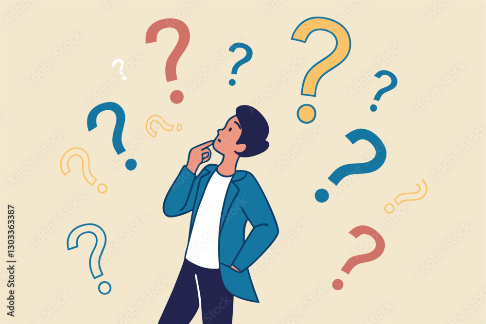 Ask questions, FAQ, problem or curiosity, doubt and confusion to be answer, challenge and uncertainty, unknown information or solution concept, contemplation businessman thinking with question marks. Ask questions, FAQ, problem or curiosity, doubt and confusion to be answer, challenge and uncertainty, unknown information or solution concept, contemplation businessman thinking with question marks.