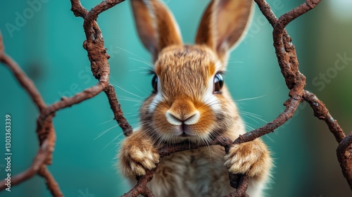 A fluffy rabbit curiously peeks through a rusty wire fence, capturing the innocence of wildlife and the beauty of nature in a captivating close-up shot.