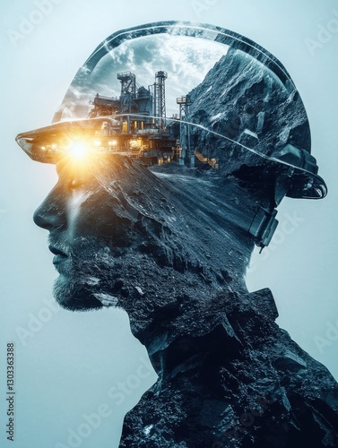 Mine coal industry, miner engineering project devotion with double exposure design. Blue color background with sunlight, mining industrial