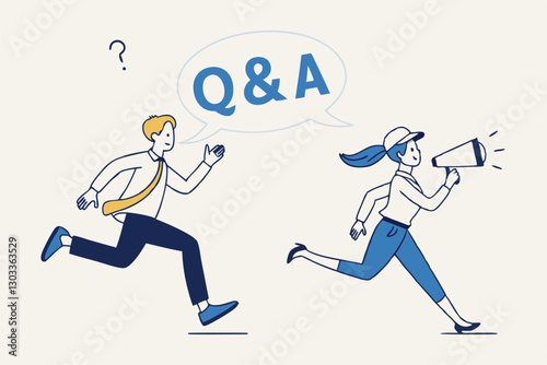 QA, question and answer session, FAQ or frequently asked questions, information to solve problem concept, businessman and woman shouting on megaphone as Q and A on speech bubble.