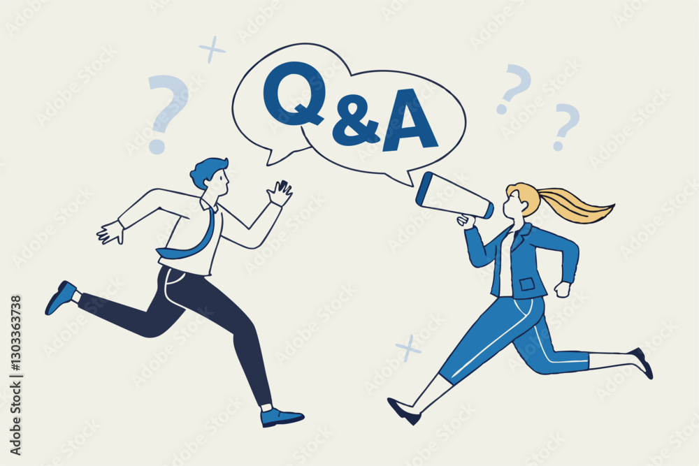 QA, question and answer session, FAQ or frequently asked questions, information to solve problem concept, businessman and woman shouting on megaphone as Q and A on speech bubble. QA, question and answer session, FAQ or frequently asked questions, information to solve problem concept, businessman and woman shouting on megaphone as Q and A on speech bubble.