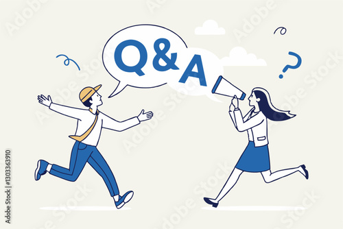 QA, question and answer session, FAQ or frequently asked questions, information to solve problem concept, businessman and woman shouting on megaphone as Q and A on speech bubble.