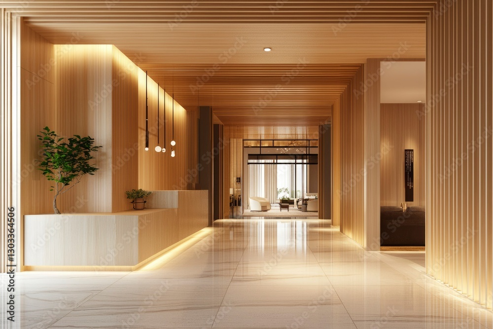 Obraz premium Hotel Lobby Entrance Modern Interior Design with Waiting Area, light fixture, plant
