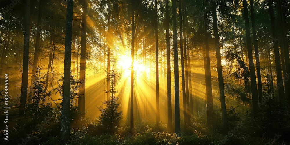 Obraz premium Nature’s natural spotlight: golden sun rays streaming through towering trees