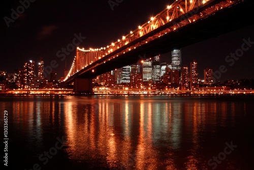 Illuminated bridge over a river at night with skyscrapers in the background