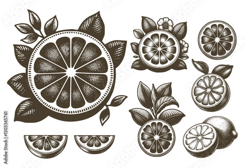 Vintage Engraved Citrus Fruit Vector Sketch Set Collection Featuring Sliced Oranges, Lemons, Leaves, And Floral Elements
