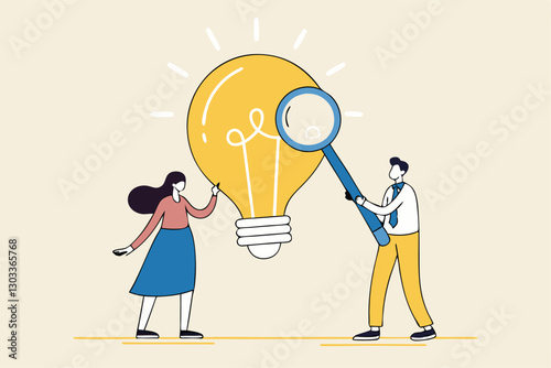 Business viability checking, feasibility study by market research to see possibility to success in real world, evaluate profitable of business idea, businessman with magnifier analyze lightbulb idea.