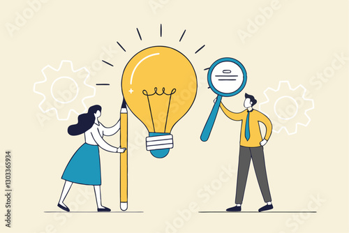 Business viability checking, feasibility study by market research to see possibility to success in real world, evaluate profitable of business idea, businessman with magnifier analyze lightbulb idea.
