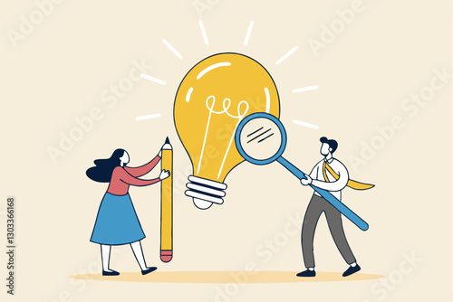 Business viability checking, feasibility study by market research to see possibility to success in real world, evaluate profitable of business idea, businessman with magnifier analyze lightbulb idea.