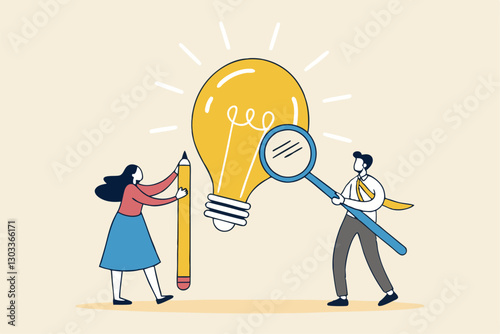 Business viability checking, feasibility study by market research to see possibility to success in real world, evaluate profitable of business idea, businessman with magnifier analyze lightbulb idea.