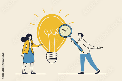 Business viability checking, feasibility study by market research to see possibility to success in real world, evaluate profitable of business idea, businessman with magnifier analyze lightbulb idea.