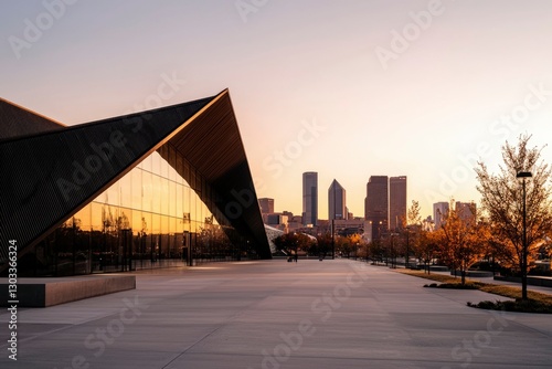 Modern building architecture meets city skyline at sunset for finance or urban use