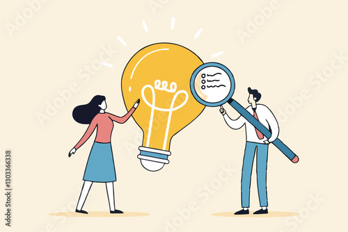 Business viability checking, feasibility study by market research to see possibility to success in real world, evaluate profitable of business idea, businessman with magnifier analyze lightbulb idea.