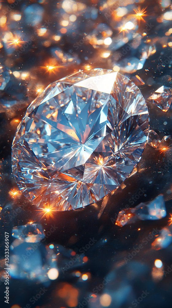 A stunning 3D-rendered glass diamond with a mesmerizing refraction effect. Vibrant, colorful light reflections dance across its surface, creating a modern, elegant, and luxurious visual appeal A stunning 3D-rendered glass diamond with a mesmerizing refraction effect. Vibrant, colorful light reflections dance across its surface, creating a modern, elegant, and luxurious visual appeal