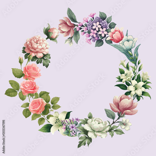Beautiful round vector floral frame illustration on light blue background
