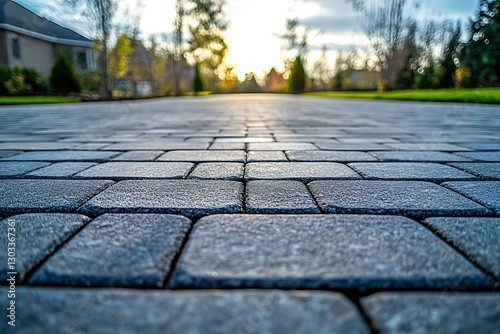 Cobblestone Path at Sunset in a Residential Area